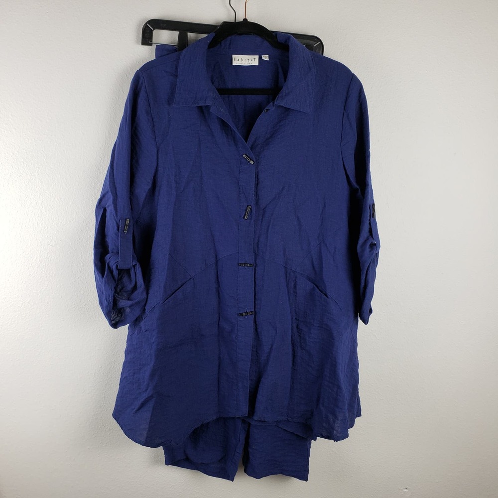 Habitat Women's M 2Pc Casual Set Toggle Button Tunic Elastic‎ Pants Blue Gauze
